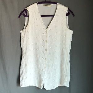 White, sheer, floral embroidered sleeveless shirt